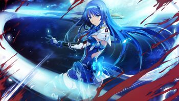 Rule 34 | 1girl, armor, armored dress, blood, blood splatter, blue dress, blue eyes, blue hair, boots, choukou (alicesoft), choukou shinki ixseal, dress, elbow gloves, ellis xillia, faulds, floating hair, full moon, game cg, gauntlets, gloves, hair between eyes, hairband, holding, holding sword, holding weapon, ixseal, long hair, looking at viewer, magical girl, mecha musume, miniskirt, moon, night, non-web source, official art, onigirikun, outdoors, short dress, skirt, sky, slashing, solo, standing, sword, thigh boots, thighhighs, variant set, very long hair, weapon, zettai ryouiki