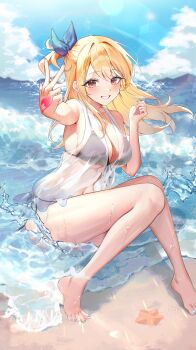 1girl absurdres barefoot beach bikini black_bikini blonde_hair blue_nails blue_ribbon blue_sky blush breasts brown_eyes cleavage collarbone commission day fairy_tail fairy_tail_zero feet grin hair_ribbon highres long_hair looking_at_viewer lucy_heartfilia medium_breasts momimi ocean outdoors ribbon see-through_clothes see-through_shirt shirt sidelocks sky smile starfish swimsuit teeth toes v white_shirt