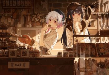 Rule 34 | 2girls, absurdres, alternate costume, animal, artist request, bakery, baseball cap, beret, black cat, black hair, black hat, bottle, bread, brick wall, brown hat, bug, cat, chinese commentary, collared shirt, commentary request, commission, cookie, counter, crossed arms, flower, food, gradient hair, hair flower, hair ornament, hand up, hat, highres, holding, holding food, holding tray, indoors, long hair, long sleeves, looking at viewer, mahou shoujo no majo saiban, microwave, mittens, multicolored hair, multiple girls, nikaido hiro, oven mitts, picture frame, pink eyes, pink hair, plant, potted plant, qr code, red eyes, sakuraba ema, second-party source, shirt, shop, short hair, spider, tiered tray, tray, upper body, white flower, white hair, white shirt, x hair ornament