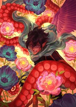 1boy amajiki_tamaki artist_name bird_feet black_hair blue_flower boku_no_hero_academia cape eyebrows fighting fighting_stance flower goggles lips male_focus munette octopus octopus_tentacles pink_flower short_hair solo solo_focus sunlight tentacles twitter_username watermark white_cape wings