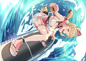 1girl akibin_(akibin_drawing) alice_thymefield alice_thymefield_(sea_of_thyme) animal_ears blonde_hair blush breasts cleavage commentary_request dress_swimsuit hair_ornament heterochromia highres large_breasts long_hair looking_at_viewer low_twintails ocean official_alternate_costume one-piece_swimsuit pink_one-piece_swimsuit rabbit_ears rabbit_girl red_eyes solo sphere_hair_ornament standing surf surfboard surfing swimsuit thigh_strap twintails two-tone_one-piece_swimsuit water waves white_one-piece_swimsuit yellow_eyes zenless_zone_zero