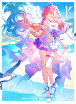 1girl absurdres aqua_hair bikini blue_sky border breasts character_name chinese_commentary cleavage commentary_request cyrene_(demiurge)_(honkai:_star_rail) cyrene_(honkai:_star_rail) dafu_zhentan diamond-shaped_pupils diamond_(shape) flower frilled_thigh_strap hair_flower hair_ornament highres honkai:_star_rail honkai_(series) large_breasts long_hair midriff multicolored_hair navel pink_hair pointy_ears purple_eyes sandals skirt sky smile solo swimsuit symbol-shaped_pupils thigh_strap very_long_hair white_bikini white_border white_hair white_skirt