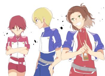 Rule 34 | absurdres, belt, blonde hair, blue eyes, brown hair, daimon masaru (digimon savers), digimon, digimon savers, fujieda yoshino, gotm tknr, green eyes, highres, jacket, pink eyes, pink hair, short hair, smile, teeth, thoma h. norstein