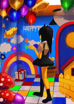 1girl balloon black_hair blue_skin blunt_bangs blunt_ends box colored_skin commentary_request dog door ena_(ena) ena_(series) ena_(species) ena_(web_series) gift gift_box highres hourglass_dog hourglass_meadow indoors long_hair low_poly moony_(ena) multicolored_skin mushroom painterly rainbow shirt short_sleeves skirt solo split-color_skin surreal suspender_skirt suspenders two-tone_skin usagimarumei walking yellow_skin