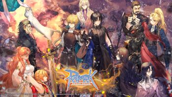 2girls 6+boys armor beard black_armor black_gloves black_hair black_jacket black_pants black_shirt black_vest blonde_hair blue_cloak blue_coat breasts brown_cape cape cat cloak closed_mouth coat copyright_notice crossed_arms epesto_walther_megas facial_hair fingerless_gloves fist_bump full_body galaxia_nerius gloves green_eyes grey_cloak grey_pants hair_between_eyes helm helmet high_ponytail highres ilse_el_hein ivan_wigner jacket knight lalaila_nazar_wigner large_breasts leather_armor logo long_hair looking_at_viewer maristella_walther multiple_boys multiple_girls mustache nikai_(game_artist) nyar_(ragnarok_online) official_art official_wallpaper orange_hair pants pauldrons plume ponytail ragnarok_online red_cape reinhart_lugenberg richard_richard shirt short_hair short_sleeves shoulder_armor smile standing tan_(ragnarok_online) tris_(ragnarok_online) two-sided_cloak two-sided_fabric vest wavy_hair white_cat white_shirt wilhelm_lugenberg