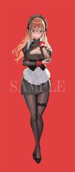 1girl apron belt black_pantyhose black_shoes black_skirt breasts closed_mouth full_body glasses goddess_of_victory:_nikke hand_up headdress highres lack large_breasts long_hair long_sleeves looking_at_viewer official_alternate_costume pantyhose rapi_(nikke) red_background red_wrist_cuffs sample_watermark shoes simple_background skirt solo standing thigh_belt thigh_strap watermark white_apron wrist_cuffs