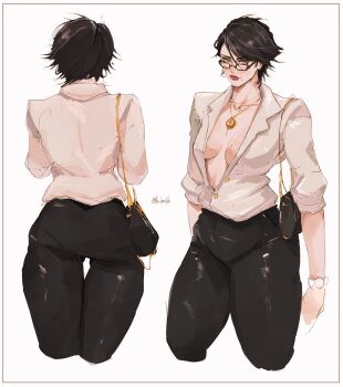 1girl ass bag bayonetta bayonetta_(series) bayonetta_2 black-framed_eyewear black_hair black_pants bon_drawr breasts cropped_legs front_and_back glasses handbag highres jacket jewelry medium_breasts mole necklace pants partially_unbuttoned red_lips short_hair simple_background white_jacket