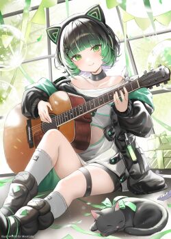 1girl acoustic_guitar animal animal_ears black_boots black_cat black_hair black_jacket black_shorts boots box cat collarbone commentary_request fake_animal_ears gift gift_box gradient_hair green_eyes green_hair guitar haruri highres holding holding_instrument hood hood_down hooded_jacket instrument jacket knee_up long_sleeves looking_at_viewer mixstgirls multicolored_hair nagisawa_shichi official_art open_clothes open_jacket pennant puffy_long_sleeves puffy_sleeves shirt shorts sitting sleeves_past_wrists socks solo string_of_flags thigh_strap virtual_youtuber white_shirt white_socks window