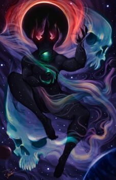 1boy absurdres alien alien_x_(ben_10) bara bellicus ben_10 biceps black_skin claws colored_skin earth_(planet) faceless fingernails floating full_body galaxy highres horns male_focus mobzeroone muscular muscular_male no_eyes nude pectorals planet serena_(ben_10) sharp_fingernails sharp_toenails signature skull sky solo space spirit spread_legs star_(sky) starry_sky toenails