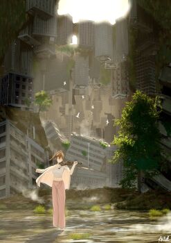 1girl antel_1811 arm_out_of_sleeve bow_(music) brown_hair building closed_eyes commentary_request crop_top cropped_shirt day highres holding holding_bow_(music) holding_instrument holding_violin instrument jacket medium_hair midriff music navel open_clothes open_jacket original outdoors pants pink_pants playing_instrument ponytail post-apocalypse ruins scenery shirt short_sleeves signature simple_bird skyscraper solo steam tree violin wading water white_jacket white_shirt wide_shot