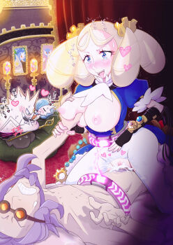 1boy 1girl alternate_color alva_(pokemon) ascot assertive_female beard blonde_hair blue_eyes blue_jacket blush bobo_(bobo_77s) breasts breeches cum drill_hair emaciated facial_hair femdom fingerless_gloves gardevoir gear_hair_ornament gears gem gen_1_pokemon gen_3_pokemon gengar gloves goggles grabbing_another's_breast groping hair_ornament heart hetero holding_another's_wrist jacket japanese_text jewelry kimia_(pokemon) lactation mega_evolution_symbol mega_gardevoir mega_gengar mega_pokemon nintendo older_male_and_younger_female painting_(object) pokemon pokemon_(anime) pokemon_the_movie:_volcanion_and_the_mechanical_marvel pokemon_xy_(anime) purple_hair quad_drills shiny_pokemon staff torn_clothes white_ascot