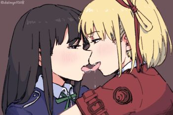 2girls black_hair blonde_hair blue_dress brown_background commentary_request daimyo0208 dress eye_contact french_kiss hair_ribbon highres inoue_takina kiss long_hair looking_at_another lycoris_recoil lycoris_uniform multiple_girls nishikigi_chisato one_side_up purple_eyes red_dress red_eyes red_ribbon ribbon saliva short_hair short_sleeves simple_background tongue tongue_out yuri