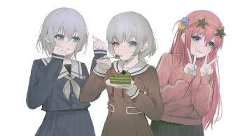 3girls absurdres anli_(jwcpp4sum0mgk5r) bang_dream! bang_dream!_girls_band_party! bang_dream!_it's_mygo!!!!! blue_eyes blue_shirt blue_skirt bocchi_the_rock! brown_dress cake commentary crossover dress eating eyewear_on_head food gotoh_hitori grey_hair grey_neckerchief hair_between_eyes hand_up hashtag-only_commentary heterochromia highres jacket kaname_raana kurata_mashiro long_hair long_sleeves matcha_(food) medium_hair multiple_girls neckerchief novelty_glasses one_side_up pink_hair pink_jacket pleated_skirt sailor_dress school_uniform shirt simple_background skirt sweatdrop tsukinomori_school_uniform white_background yellow_eyes