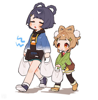 2girls =_= aqua_shorts bag bag_charm black_hair black_hoodie black_thighhighs blue_jacket blue_shoes blunt_bangs blush blush_stickers boots bow-shaped_hair braid braided_hair_rings brown_bag brown_boots brown_eyes brown_hair cardigan character_charm character_print charm_(object) closed_eyes closed_mouth collared_shirt commentary_request double-parted_bangs drawstring fur-trimmed_boots fur_trim genshin_impact green_cardigan guoba_(genshin_impact) hair_ornament hair_rings hairclip highres holding holding_bag hood hood_down hoodie hungry jacket jacket_over_hoodie long_sleeves medium_hair miniskirt multiple_girls neck_ribbon oooma_155 open_clothes open_jacket plastic_bag pleated_skirt pom_pom_(clothes) pom_pom_hair_ornament print_hoodie red_ribbon ribbon shirt shoes short_eyebrows short_shorts shorts shoulder_bag sidelocks simple_background skirt smile sneakers standing stomach_growling thick_eyebrows thighhighs walking white_background white_shirt white_skirt wing_collar xiangling_(genshin_impact) xiangling_(huanglong)_(genshin_impact) yaoyao_(genshin_impact) yuegui_(genshin_impact)