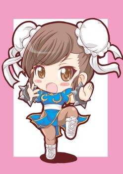 1girl black_outline black_pantyhose blue_dress blue_leotard blush_stickers border bracelet brown_eyes bun_cover capcom chibi chibi_only china_dress chinese_clothes chun-li commentary double_bun dress fighting_stance full_body hair_bun highres jewelry kurumaya_maa leotard leotard_under_clothes looking_at_viewer open_mouth outline pantyhose pink_border sash shoes side_slit solo spiked_bracelet spikes street_fighter white_background white_sash white_shoes