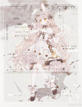 1girl absurdres angel_wings animal_ears arm_bow bare_shoulders beads black_bow black_bowtie black_ribbon black_shoes blonde_hair bow bow_button bow_legwear bowtie braid breasts bug butterfly center_frills chess_piece chinese_commentary closed_mouth clothes_writing club_(shape) commentary_request cross-laced_clothes cross-laced_dress crown_braid dress dress_bow english_text expressionless eyelashes feathered_wings floppy_ears flower food-themed_hair_ornament frilled_dress frills full_body hair_beads hair_bow hair_ornament hand_in_own_hair heart heart_print highres insect knees light_blush light_frown light_particles lolita_fashion long_hair looking_at_viewer mary_janes multiple_hair_bows musical_note musical_note_print nai_bu_shang_a nail_polish neck_ribbon neckerchief original rabbit_ears ribbon rose sample_watermark scrunchie sheet_music shoes simple_background sleeveless sleeveless_dress small_breasts socks solo spade_(shape) strawberry_hair_ornament tiara too_many_watermarks very_long_hair watermark wavy_hair weibo_watermark white_background white_bow white_dress white_scrunchie white_socks white_tiara white_wings wings wrist_bow wrist_flower wrist_scrunchie x_hair_ornament yellow_eyes yellow_flower yellow_neckerchief yellow_rose