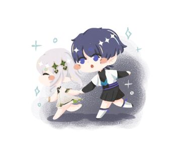 1boy 1girl arms_at_sides artist_name barefoot belt black_belt black_bodysuit black_bow black_bridal_gauntlets black_hair black_leggings black_shorts bloomers blue_kimono blue_sleeves blunt_ends blush_stickers bodysuit bow bracelet bridal_gauntlets chibi closed_eyes detached_sleeves dress facing_to_the_side genshin_impact gold_trim green_sleeves hakama hakama_shorts highres holding_hands japanese_clothes jewelry juban kimono layered_sleeves leg_warmers leggings long_hair looking_at_another mandarin_collar mid-stride nahida_(genshin_impact) no_mouth open_clothes open_kimono open_mouth outstretched_arms pleated_shorts pointy_ears pulling purple_eyes purple_rope purple_sash rope sash scaramouche_(genshin_impact) short_sleeves shorts shoulder_peek side_ponytail sidelocks simple_background underwear wanderer_(genshin_impact) white_background white_bloomers white_dress white_hair white_kimono white_leg_warmers white_sleeves zeefax_u