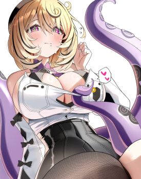 1girl bare_shoulders black_hat blonde_hair blush breasts clothes_pull green_pupils hat heart high-waist_shorts highres large_breasts mole mole_under_mouth nidaime_(doronbo) purple_eyes shirt short_hair shorts sideboob simple_background sleeveless solo speech_bubble tentacle_girl tentacles white_shirt yidhari_murphy zenless_zone_zero
