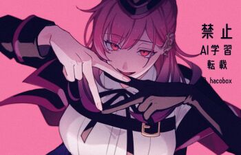 Rule 34 | 1girl, alternate eye color, asymmetrical bangs, belt buckle, black gloves, black jacket, black ribbon, breasts, buckle, chest strap, choppy bangs, collared jacket, collared shirt, commentary, double v, ear cuffs, elbow gloves, empty eyes, film grain, fingernails, from above, garrison cap, gloves, gradient hair, hacobox, hair behind ear, hands up, hat, hypnosis mic, jacket, keitoin honobono, kotonohatoh uniform, large breasts, looking at viewer, medium hair, multicolored hair, neck ribbon, off shoulder, open mouth, pink background, pink hair, pink theme, pink trim, purple hair, ribbon, shirt, single elbow glove, single glove, smile, solo, symbol-only commentary, thorns, twitter username, two-sided fabric, two-sided jacket, underlighting, upper body, v, watermark, white shirt