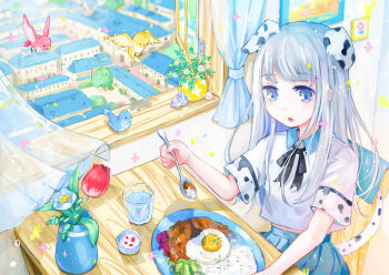 1girl animal_ears aqua_shirt bird black_ribbon blue_bird blue_eyes chair cityscape collared_shirt cropped_shirt curry curtains dalmatian dog_ears dog_girl dog_tail dot_nose falling_petals floating_hair flower flying food from_above glass grey_hair holding holding_spoon indoors light_blush light_particles long_hair looking_at_food neck_ribbon omelet on_chair open_mouth open_window original petals picture_frame pleated_skirt red_bird ribbon shirt sidelocks single_hair_intake sitting skirt spoon swept_bangs table tail tree tulip vase white_flower white_shirt window wooden_chair wooden_table yellow_bird yutukicom