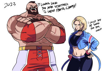 1boy 1girl beard blonde_hair breasts brown_hair cammy_white crop_top cropped_jacket crossed_arms english_text facial_hair facial_scar facing_viewer hand_on_own_hip highres medium_breasts mohawk muscular muscular_male pants scar scar_on_cheek scar_on_face short_hair simple_background street_fighter street_fighter_6 tina_fate white_background yoga_pants zangief