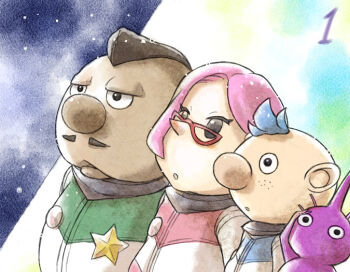 Rule 34 | 1girl, 2boys, :o, alph (pikmin), badge, big nose, black eyes, blue hair, brittany (pikmin), brown hair, buttons, charlie (pikmin), colored skin, commentary request, countdown, cowboy shot, dark-skinned male, dark skin, eyelashes, facial hair, faux traditional media, freckles, glasses, half-closed eyes, hand on own head, height difference, looking ahead, looking at viewer, miniskirt, mohawk, multiple boys, mustache, naru (wish field), night, nintendo, no headwear, no mouth, painting (medium), parted lips, pikmin (creature), pikmin (series), pikmin 3, pink hair, pink skirt, pointy nose, purple hair, purple pikmin, purple skin, red-framed eyewear, short hair, skirt, sky, snowing, solid oval eyes, spacesuit, star (symbol), traditional media, triangular eyewear, very short hair, watercolor (medium)