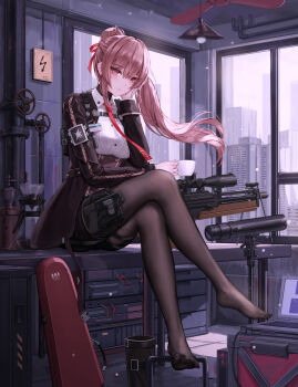 1girl black_jacket black_pantyhose blush braid breasts building bullpup buttons ceiling_fan ceiling_light coffee_grinder coffee_maker coffee_mug collared_shirt commentary computer crossed_legs cup english_commentary feet full_body girls&#039;_frontline girls&#039;_frontline_2:_exilium glock gun hair_between_eyes hair_ribbon half_up_braid hand_on_own_face hand_up handgun highres holding holding_cup holster id_card indoors industrial_pipe instrument_case jacket laptop large_breasts light_particles looking_at_viewer makiatto_(girls&#039;_frontline_2) mug necktie no_shoes on_table open_mouth pantyhose ponytail purple_hair red_eyes red_necktie ribbon rifle shirt sitting skyscraper sniper_rifle solo striped_clothes striped_shirt table telescope thigh_holster thigh_strap valve vertical-striped_clothes vertical-striped_shirt wa2000_(girls&#039;_frontline) walkie-talkie walther walther_wa_2000 weapon white_shirt window yuzuriha_(atelier_liang)