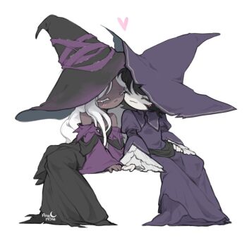 2girls :3 ^_^ aniimoni1 artist_name black_dress black_hair blush closed_eyes closed_mouth colored_skin commentary company_connection dark-skinned_female dark_skin dark_souls_(series) dark_souls_ii dress elden_ring elden_ring_nightreign english_commentary fromsoftware hat heads_together heart large_hat long_dress long_hair multiple_girls purple_dress purple_hat recluse_(elden_ring) simple_background sitting smile white_background white_hair white_skin witch_hat yuri zullie_the_witch