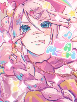 1boy androgynous bandaid bandaid_on_face bandaid_on_nose blue_eyes character_name chromatic_aberration classicaloid clsc_iiz commentary_request eyelashes hair_ornament hairclip heisei_retro highres jewelry long_hair looking_at_viewer male_focus multiple_hair_clips multiple_rings musical_note necklace pink_hair ring solo star_(symbol) tongue tongue_out upper_body wolfgang_amadeus_mozart_(classicaloid)