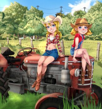 2girls absurdres arm_support ben_10 blonde_hair blue_eyes boots brown_footwear brown_headwear cloud collarbone commission cowboy_hat crossed_ankles crossed_legs denim denim_skirt facial_mark farm female_focus grass hat highres inspector_gadget loli long_hair looking_at_viewer lucy_mann midriff motor_vehicle multiple_girls navel outdoors overall_shorts overalls penny_(inspector_gadget) plaid_clothes plaid_shirt red_shirt shirt short_hair short_sleeves sitting skirt sky smile teeth thighs tlacuicani tractor twintails whisker_markings white_headwear