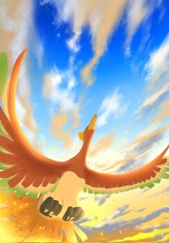 animal_focus beak bird blue_sky cloud flying gen_2_pokemon highres ho-oh legendary_pokemon natu_a0z0ra nintendo no_humans outdoors pokemon pokemon_(creature) sky solo talons wings