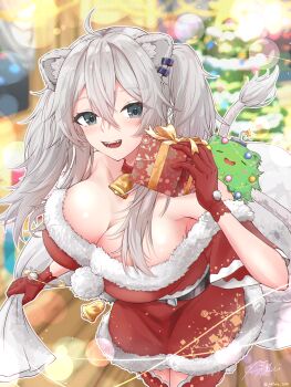 1girl absurdres alternate_costume animal_ear_piercing animal_ears breasts cleavage commentary_request dress flower fur-trimmed_dress fur_trim gloves grey_eyes grey_hair highres hololive large_breasts lion_ears lion_girl lion_tail long_hair open_mouth red_flower red_gloves red_thighhighs santa_costume santa_dress shishiro_botan smile solo ssrb_(shishiro_botan) tail thighhighs u_da_desu virtual_youtuber