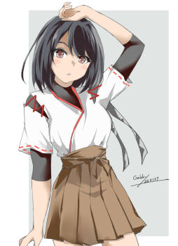 1girl alternate_hair_color black_hair brown_eyes brown_hakama commentary_request contrapposto cowboy_shot gakky grey_background hakama highres hyuuga_(kancolle) hyuuga_kai_ni_(kancolle) japanese_clothes kantai_collection kimono one-hour_drawing_challenge solo undershirt white_kimono