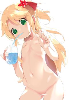 1girl bar_censor bare_shoulders blonde_hair censored collarbone completely_nude cup disposable_cup drinking flat_chest flower green_eyes hair_between_eyes hair_flower hair_ornament hands_up highres himesaka_noa holding holding_cup ice ice_cube loli long_hair looking_at_viewer makuran navel nipples nude parted_bangs ponytail pussy red_flower short_eyebrows simple_background solo tareme thick_eyebrows very_long_hair watashi_ni_tenshi_ga_maiorita! white_background
