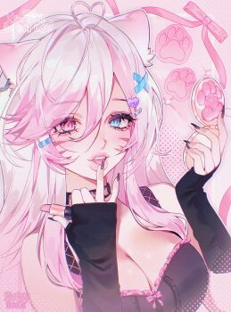 1girl aegyo_sal ahoge animal_earrings animal_ears black_bustier black_choker black_gloves black_nails blue_eyes bow_bustier breasts bustier cat_ears cat_girl chain chain_earrings choker chromatic_aberration cleavage commentary commission compact_(cosmetics) cosmetics double-parted_bangs english_commentary eyelashes facial_mark fangs film_grain finger_to_mouth fingerless_gloves fingernails frilled_bustier frills gloves hair_between_eyes hair_ornament hair_over_shoulder hairpin halftone heart heart_ahoge heart_hair_ornament heterochromia highres holding holding_compact holding_lipstick_tube indie_virtual_youtuber inset_border large_breasts light_blush lipstick_tube long_fingernails long_hair looking_at_viewer multiple_hairpins nail_polish noisykoala open_mouth outline outside_border paw_print paw_print_background pawpads pink_background pink_eyes pink_hair pink_ribbon pink_theme polka_dot_border ribbon teeth thick_lips tongue toulie_(vtuber) upper_teeth_only whisker_markings white_outline x_hair_ornament