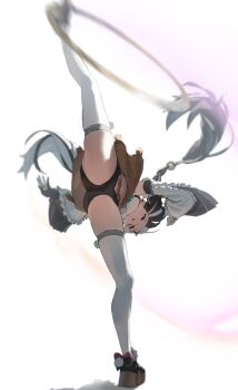 1girl black_hair black_shoes black_shorts braid braided_twintails chakram china_dress chinese_clothes commentary_request detached_sleeves dialyn_(zenless_zone_zero) dress earrings from_side full_body gloves hair_extensions highres jewelry long_hair motion_blur multicolored_hair navel open_mouth partially_fingerless_gloves ring_hair_extensions shoes shorts simple_background solo split split-color_hair standing standing_on_one_leg standing_split thighhighs tsubakuro31 weapon white_background white_hair white_thighhighs yellow_eyes zenless_zone_zero