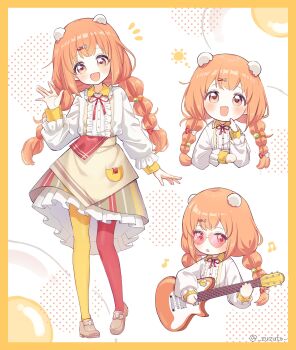 1girl absurdres apron asymmetrical_legwear blush border braid brown_apron brown_shoes brown_skirt center_frills collared_dress dress egg_hair_ornament electric_guitar finger_to_own_chin food-themed_background food-themed_hair_ornament fork_hair_ornament fried_egg frilled_dress frills full_body guitar hair_ornament hairclip heart heart-shaped_eyewear highres holding holding_guitar holding_instrument instrument kirara_tamako kirara_tamako_(1st_costume) layered_sleeves loafers long_hair long_sleeves looking_at_viewer low_twin_braids mismatched_legwear multiple_views music musical_note neck_ribbon nijisanji notice_lines object_in_pocket open_mouth orange_eyes orange_hair pantyhose playing_guitar playing_instrument pocket polka_dot polka_dot_background red_pantyhose red_ribbon ribbon shoes simple_background skirt smile standing sticker striped_clothes striped_skirt sunglasses thinking twin_braids twitter_username two-tone_pantyhose vertical-striped_clothes vertical-striped_skirt virtual_youtuber waving white_background white_dress yellow_border yellow_pantyhose zuzuto