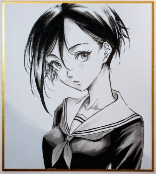 1girl closed_mouth collarbone commentary_request expressionless greyscale looking_at_viewer makomako1061 monochrome neckerchief original parted_bangs photo_(medium) sailor_collar sailor_shirt school_uniform shikishi shirt short_hair solo traditional_media upper_body very_short_hair
