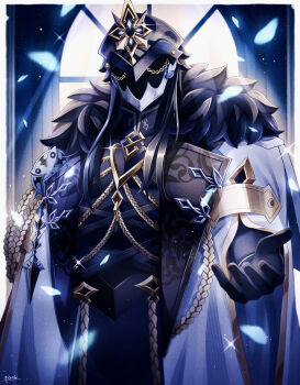 1boy absurdres black_cape black_fur black_gloves black_hair black_helmet black_shirt border cape capitano_(genshin_impact) collared_shirt commentary_request cowboy_shot falling_petals fur-trimmed_cape fur_trim genshin_impact gloves gold_trim helmet highres long_hair long_sleeves male_focus outside_border petals shirt solo sparkle two-sided_cape two-sided_fabric uouzzz white_border white_cape window