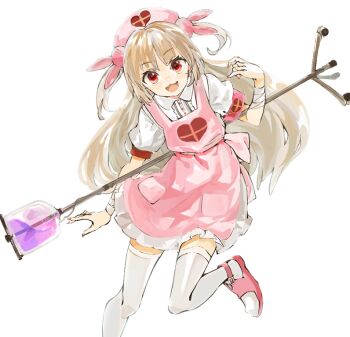 Rule 34 | 1girl, :3, apron, bandaged wrist, bandages, blonde hair, center frills, collared shirt, commentary request, fang, foot out of frame, frills, hair ornament, hand up, hat, holding, holding behind back, iv stand, konabetate, long hair, looking at viewer, natori sana, nurse cap, oekaki, open mouth, pink apron, puffy short sleeves, puffy sleeves, rabbit hair ornament, red eyes, sana channel, sandals, shirt, short sleeves, simple background, smile, solo, standing, standing on one leg, thighhighs, two side up, virtual youtuber, white background, white shirt, white thighhighs