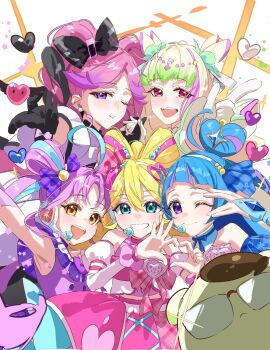 Rule 34 | 5girls, :d, ;), ahoge, aokaze nana, arm up, beamed eighth notes, black gloves, black hair, blonde hair, blue eyes, blue gloves, blue ribbon, commentary, cropped shirt, cure idol, cure kiss, cure kyunkyun, cure wink, cure zukyuun, detached collar, detached sleeves, double bun, dress, earrings, eighth note, fortissimo, girl sandwich, glasses, gloves, gradient hair, green hair, grin, group picture, hair bun, hair ornament, hair ribbon, hairband, half-closed eye, half gloves, heart, heart hair bun, heart hair ornament, heart hair strand, heart hands, highres, holding hands, idol heart brooch (precure), idol heart incom, interlocked fingers, jewelry, kimi to idol precure, layered gloves, long hair, looking at viewer, magical girl, meroron (precure), midriff, multicolored hair, multiple girls, musical note, musical note hair ornament, navel, nekogayasan, one eye closed, opaque glasses, open mouth, photobomb, pink eyes, pink gloves, pink hair, pink ribbon, pink shirt, pink skirt, pointing, pointing at viewer, precure, puckered lips, puffy detached sleeves, puffy sleeves, purirun (precure), purple dress, purple eyes, purple ribbon, ribbon, sakura uta (precure), sandwiched, shigure kokoro, shirt, side-by-side, skirt, sleeveless, sleeveless shirt, smile, sparkle, star (symbol), star hair ornament, streaked hair, tanakhan, two-tone hair, v, v over eye, white dress, white gloves, white hairband, white ribbon, yellow eyes
