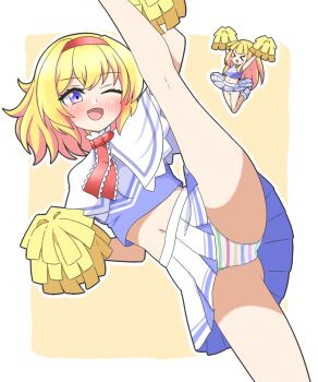 >_< 2girls :d \o/ alice_margatroid arms_up blonde_hair blue_eyes blue_shirt blunt_bangs blush blush_stickers border breasts capelet cheering cheerleader commentary_request cowboy_shot crop_top gluteal_fold hairband highres holding holding_pom_poms jumping leg_up long_hair midriff miniskirt multicolored_panties multiple_girls navel one_eye_closed open_mouth outline outstretched_arms panties pantyshot pleated_skirt pom_pom_(cheerleading) pom_poms red_hairband shanghai_doll shirt shoes short_hair skirt sleeveless small_breasts smile split standing standing_on_one_leg standing_split striped_clothes striped_panties touhou underwear upskirt w_arms white_border white_capelet white_outline white_panties white_shoes white_skirt yellow_background zenji029