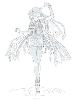 1girl anklet arm_up armpits bare_arms bare_legs bracelet braid cartethyia_(wuthering_waves) closed_eyes closed_mouth commentary crossed_legs crown_of_thorns dress earrings facing_viewer fleur-de-lis forehead_tattoo full_body greyscale hand_up highres jewelry light_smile long_hair middle_part monochrome multiple_earrings parted_bangs pelvic_curtain pointy_ears short_dress side_braid simple_background solo split_mouth stole symbol-only_commentary tacet_mark_(wuthering_waves) tattoo toes u_u walking walking_on_liquid watson_cross white_background wuthering_waves yoshioka_(rockwell_sv)