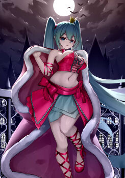 1girl absurdly_long_hair absurdres alternate_costume aqua_eyes aqua_hair arm_ribbon black_ribbon bow breasts building cape castle closed_mouth cloud commentary crown eyelashes full_moon fur-trimmed_cape fur_trim hair_between_eyes hatsune_miku highres long_hair midriff moon navel night pale_skin railing red_bow red_cape red_ribbon red_shoes ribbon shoes sky solo twintails untranslatable_commentary very_long_hair vocaloid window xmxing