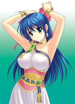 Rule 34 | 1girl, armpits, blue eyes, blue hair, blush, bow, bracelet, breasts, choker, dragon quest, dragon quest v, dress, earrings, flora (dq5), hair bow, half updo, impossible clothes, impossible dress, jewelry, large breasts, long hair, nakajima akihiko, pink bow, smile