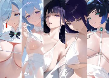 5girls absurdres alternate_costume bikini blue_eyes blue_hair bob_cut breasts ganyu_(genshin_impact) genshin_impact green_eyes grey_hair highres large_breasts long_hair looking_at_viewer medium_breasts multiple_girls parted_lips purple_hair raiden_shogun shenhe_(genshin_impact) swimsuit wet wet_clothes white_bikini yelan_(genshin_impact) yumeto_(ym-1)