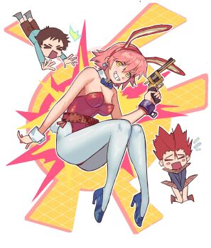 Rule 34 | 1girl, 2boys, animal ears, bare shoulders, bow, bowtie, breasts, commentary, cosplay, daicon bunny girl, daicon bunny girl (cosplay), detached collar, fake animal ears, fake tail, finger on trigger, flcl, full body, grin, gun, handgun, haruhara haruko, high heels, highres, holding, holding gun, holding weapon, leotard, long sleeves, looking at viewer, matheus felipe, medium breasts, multiple boys, nandaba naota, official alternate costume, pantyhose, pink hair, plaid clothes, plaid skirt, playboy bunny, pleated skirt, rabbit ears, rabbit tail, red hair, red leotard, revolver, samejima mamimi, school uniform, serafuku, short hair, simple background, skirt, smile, strapless, strapless leotard, tail, weapon, wrist cuffs, yellow eyes