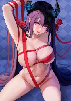 Rule 34 | 1girl, absurdres, arm up, armpits, asymmetrical horns, black hair, blue hair, breasts, closed mouth, colored inner hair, commentary, english commentary, flower, highres, hololive, hololive english, horns, large breasts, lazik 1337, light smile, long hair, looking at viewer, mole, mole on thigh, mole under eye, multicolored hair, naked ribbon, navel, nerissa ravencroft, purple eyes, red flower, red ribbon, red rose, ribbon, rose, sidelocks, sitting, slit pupils, solo, stomach, uneven horns, very long hair, virtual youtuber