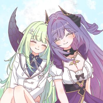 2girls ^_^ absurdres arms_at_sides blue_shirt blue_sky blush breasts brooch chaeeunhan124 cleavage closed_eyes closed_mouth commentary_request dot_nose film_grain green_hair grey_ribbon hair_ornament hairclip happy heads_together high-waist_skirt highres horns jacket jewelry knees_up korean_commentary large_breasts long_hair long_sleeves multiple_girls neck_ribbon necklace purple_hair purple_skirt ribbon sakihane_huya shirt sitting skirt sky smile stellive straight_hair very_long_hair virtual_youtuber white_jacket white_shirt wispy_bangs yuzuha_riko