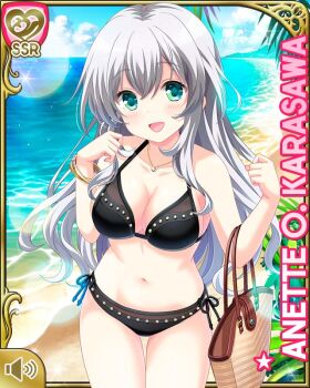 Rule 34 | 1girl, :d, anette olga karasawa, beach, bikini, black bikini, blue eyes, card (medium), cloud, day, female focus, girlfriend (kari), girlfriend note, long hair, looking at viewer, ocean, official art, open mouth, outdoors, qp:flapper, sand, silver hair, sky, smile, solo, standing, swimsuit, tagme
